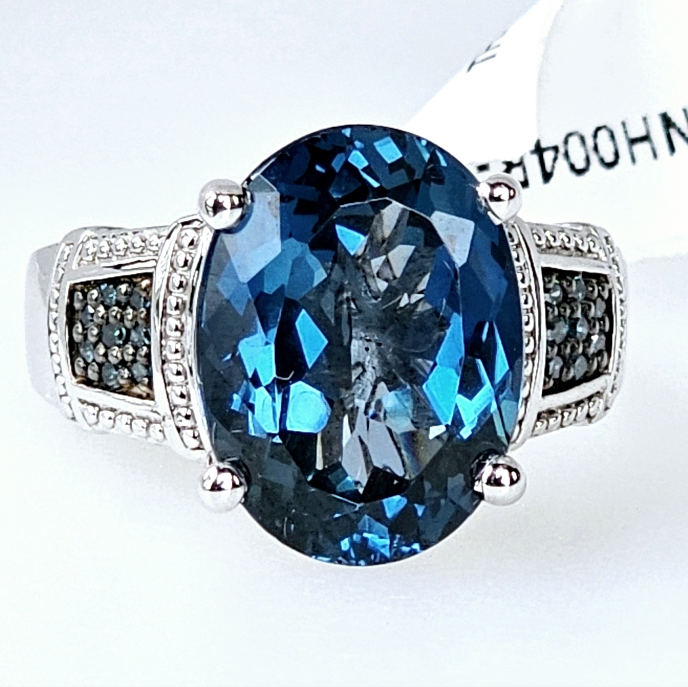 Natural London Blue Topaz & Teal Diamond Ring in Sterling Silver Sz 9! - Picture 4 of 16